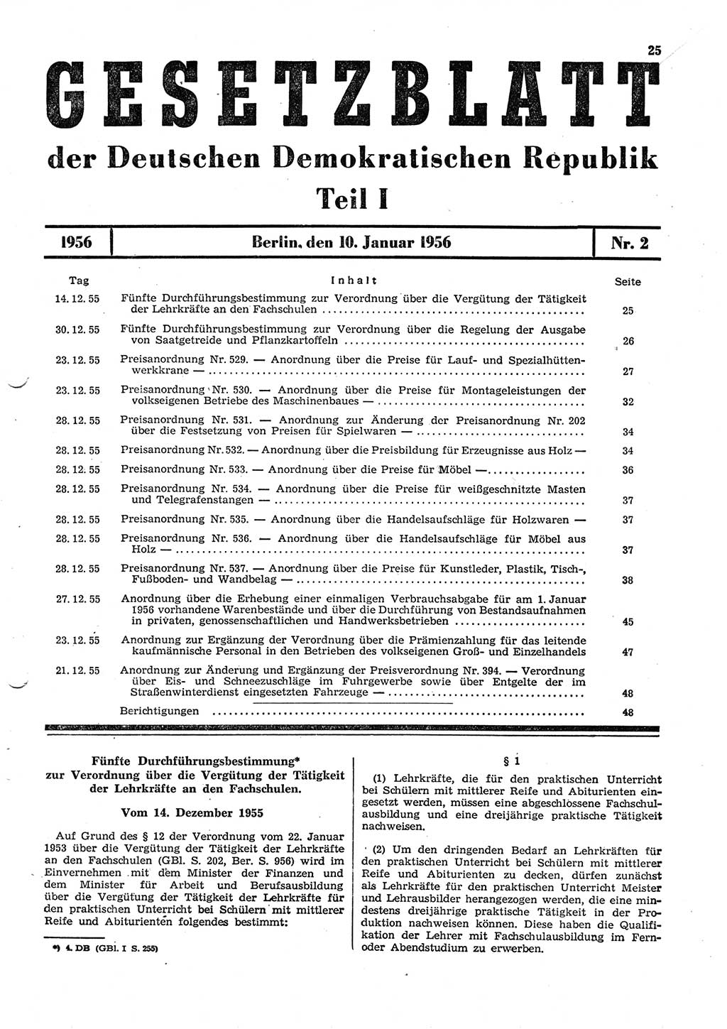 Gesetzblatt (GBl.) der Deutschen Demokratischen Republik (DDR) Teil Ⅰ 1956, Seite 25 (GBl. DDR Ⅰ 1956, S. 25)