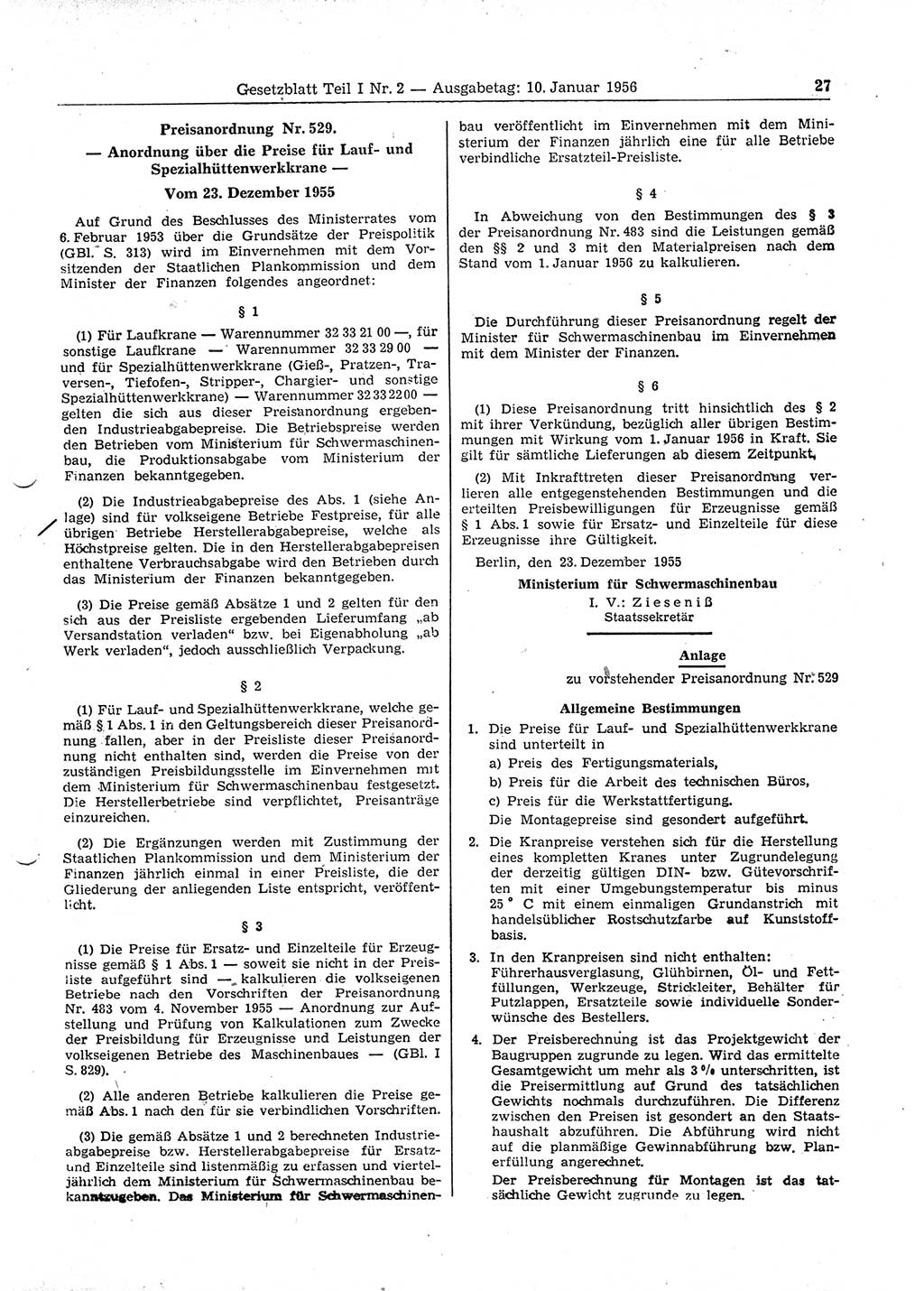 Gesetzblatt (GBl.) der Deutschen Demokratischen Republik (DDR) Teil Ⅰ 1956, Seite 27 (GBl. DDR Ⅰ 1956, S. 27)