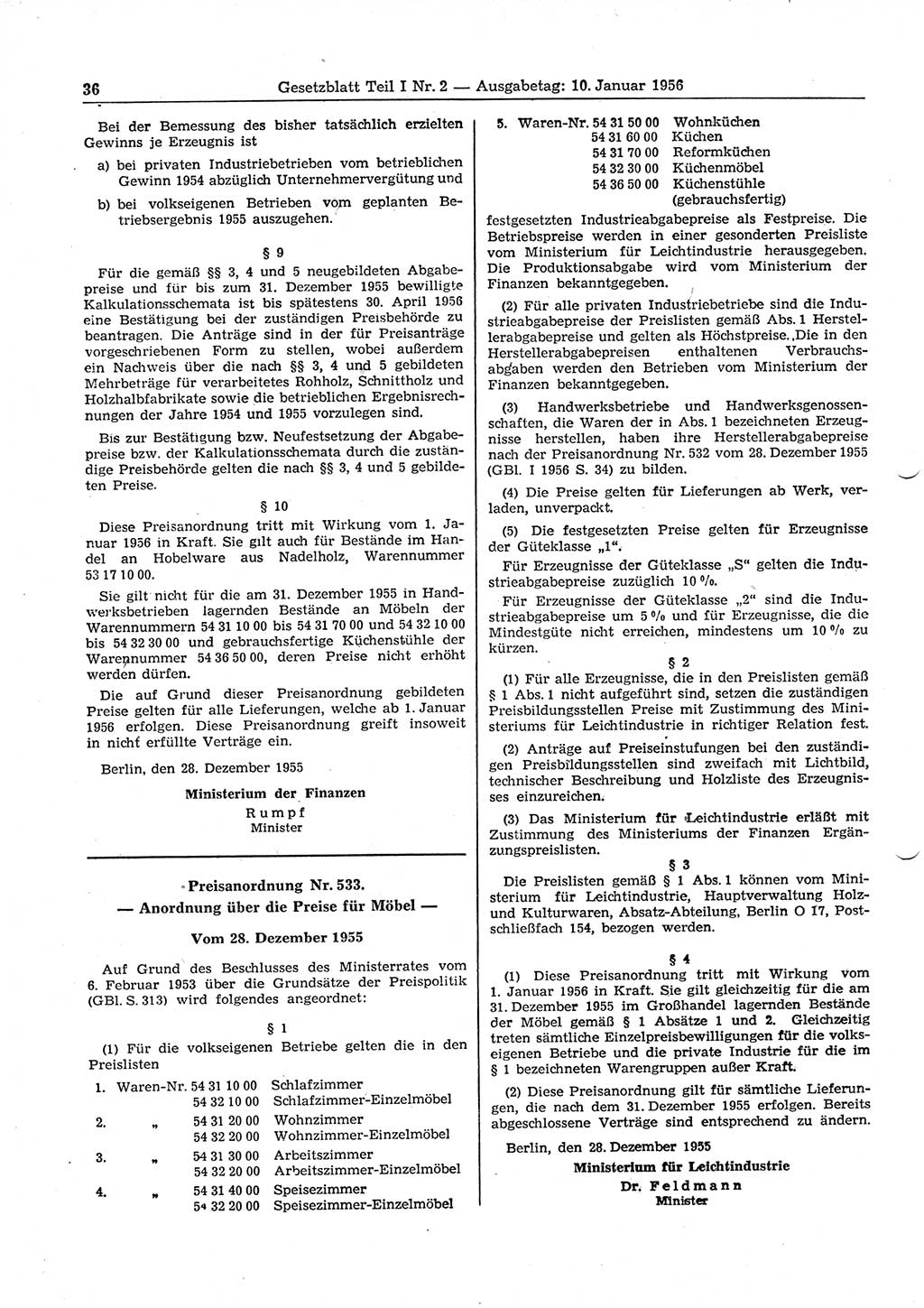 Gesetzblatt (GBl.) der Deutschen Demokratischen Republik (DDR) Teil Ⅰ 1956, Seite 36 (GBl. DDR Ⅰ 1956, S. 36)