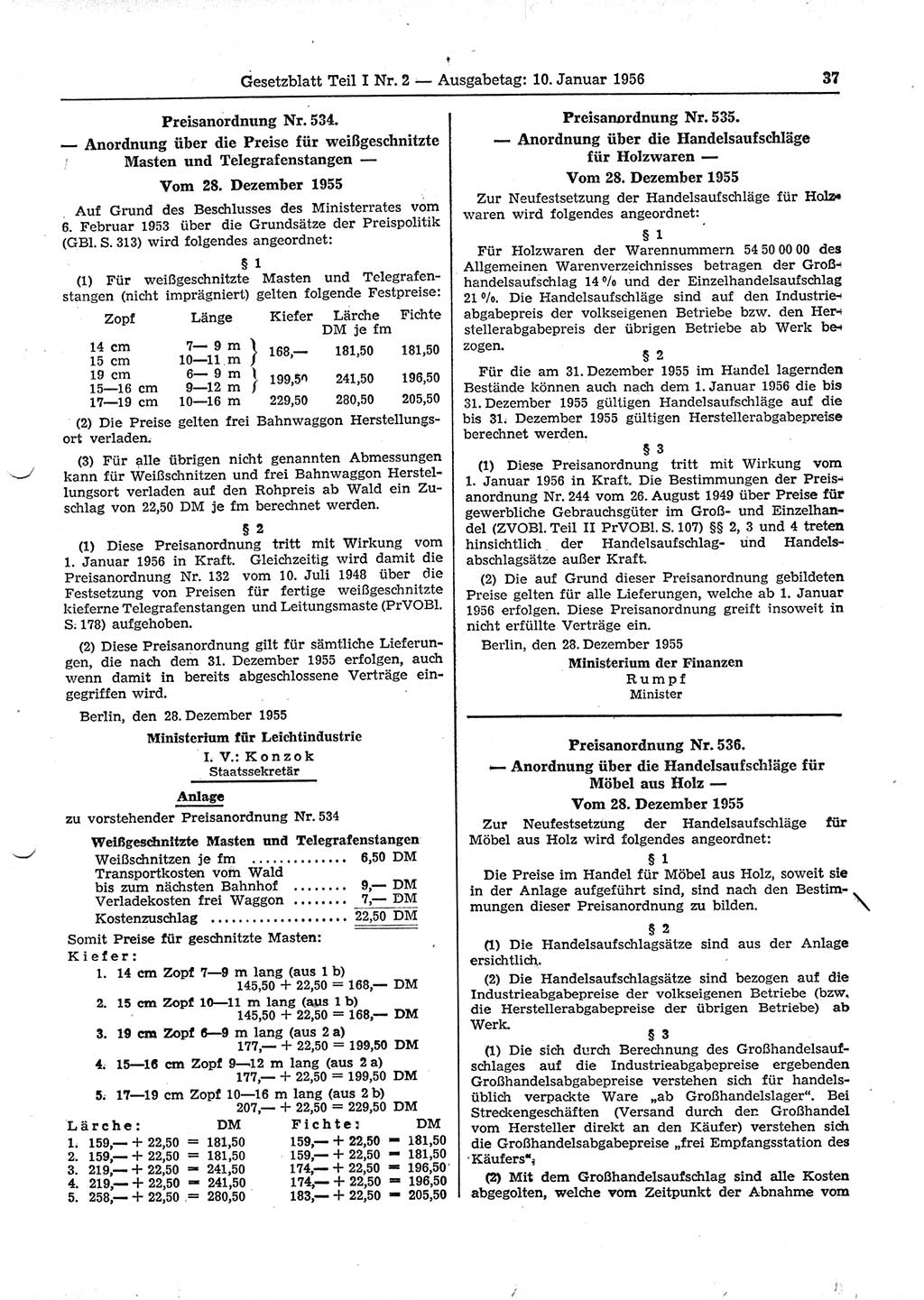 Gesetzblatt (GBl.) der Deutschen Demokratischen Republik (DDR) Teil Ⅰ 1956, Seite 37 (GBl. DDR Ⅰ 1956, S. 37)