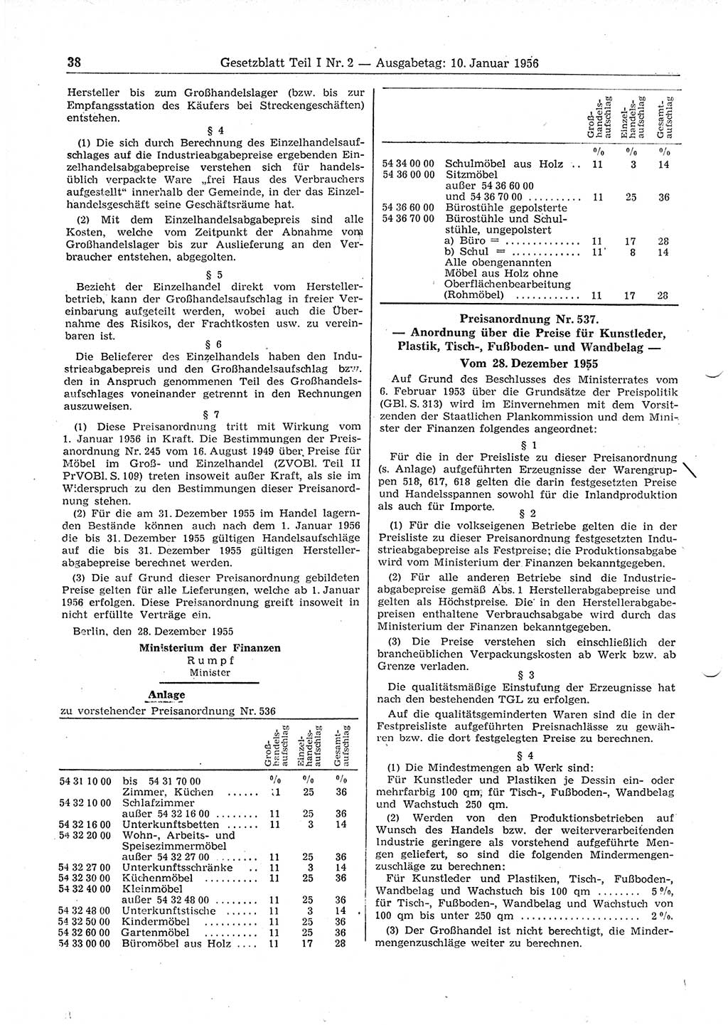 Gesetzblatt (GBl.) der Deutschen Demokratischen Republik (DDR) Teil Ⅰ 1956, Seite 38 (GBl. DDR Ⅰ 1956, S. 38)