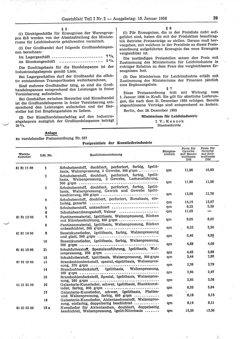 Gesetzblatt (GBl.) der Deutschen Demokratischen Republik (DDR) Teil Ⅰ 1956, Seite 39 (GBl. DDR Ⅰ 1956, S. 39)