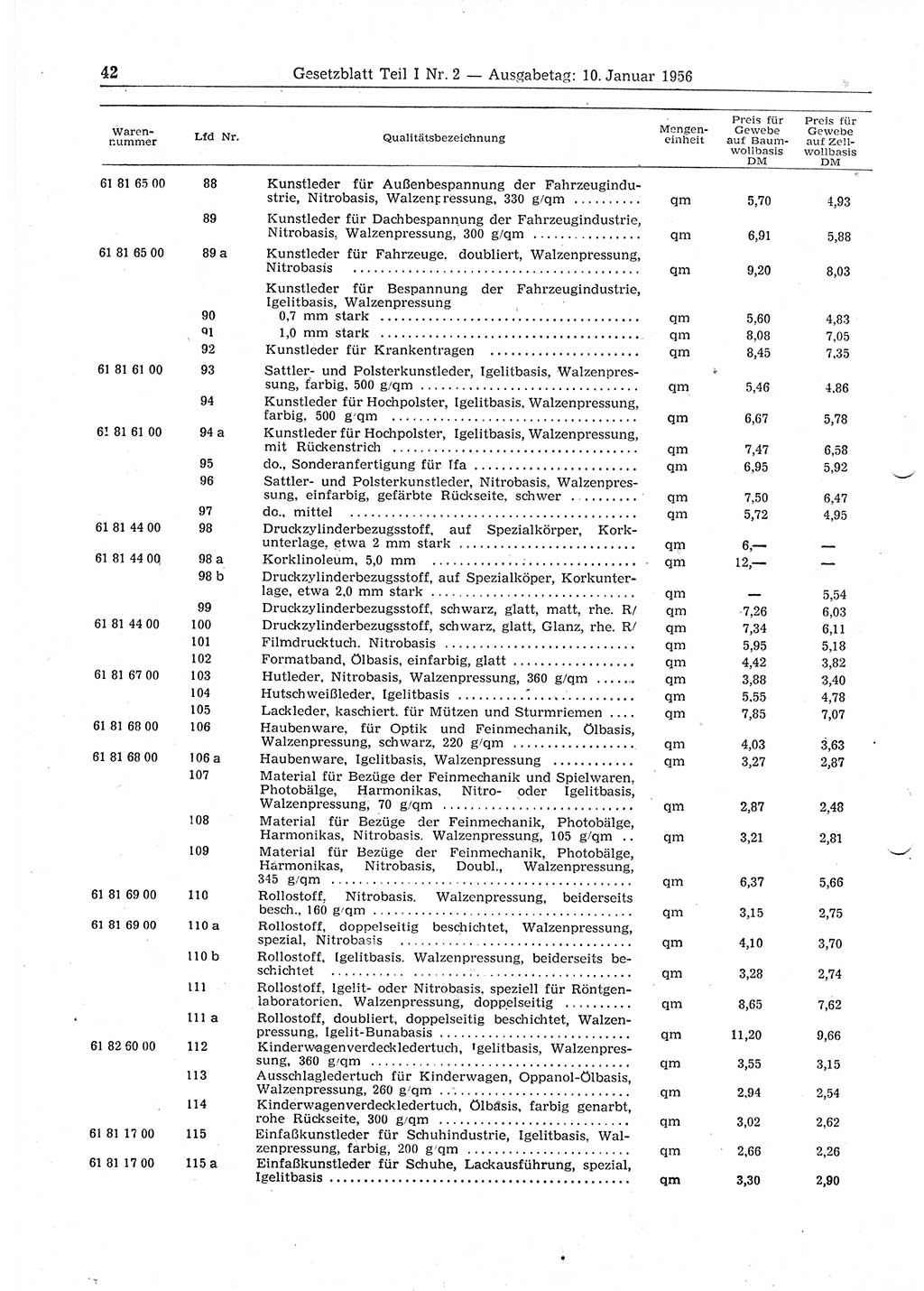 Gesetzblatt (GBl.) der Deutschen Demokratischen Republik (DDR) Teil Ⅰ 1956, Seite 42 (GBl. DDR Ⅰ 1956, S. 42)