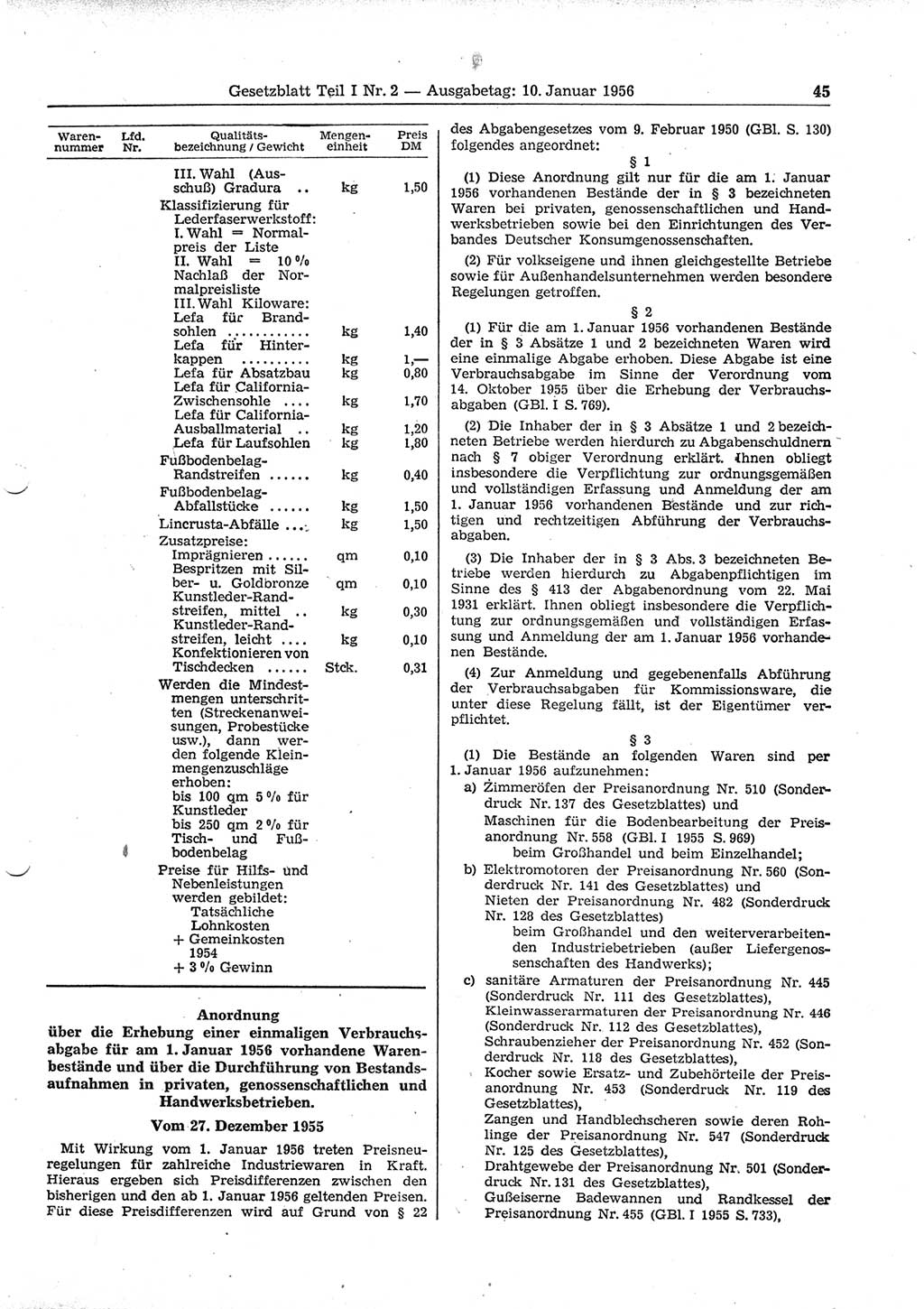 Gesetzblatt (GBl.) der Deutschen Demokratischen Republik (DDR) Teil Ⅰ 1956, Seite 45 (GBl. DDR Ⅰ 1956, S. 45)