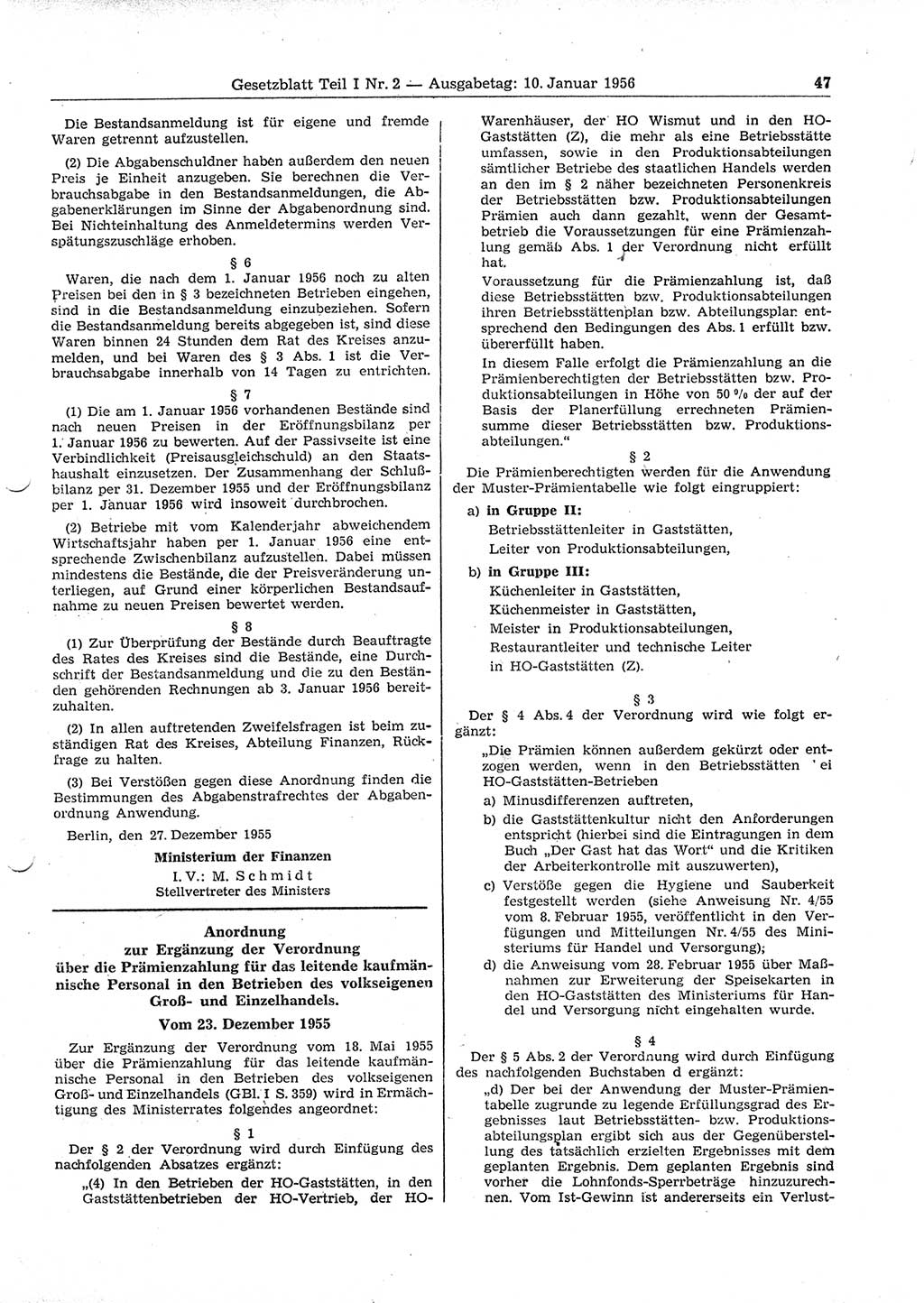 Gesetzblatt (GBl.) der Deutschen Demokratischen Republik (DDR) Teil Ⅰ 1956, Seite 47 (GBl. DDR Ⅰ 1956, S. 47)