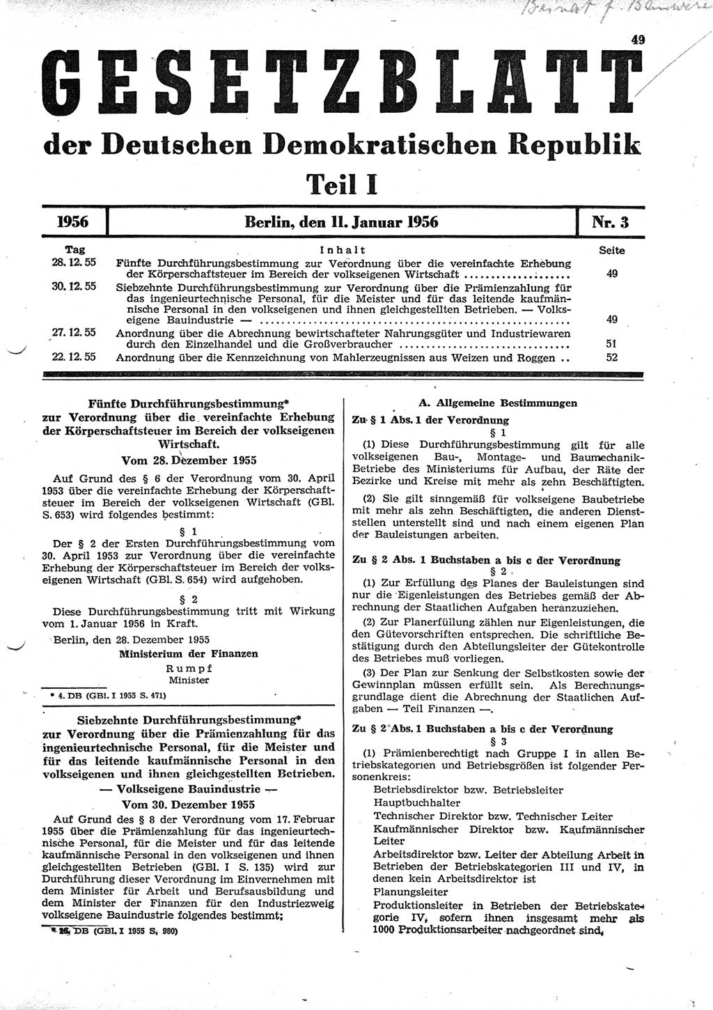 Gesetzblatt (GBl.) der Deutschen Demokratischen Republik (DDR) Teil Ⅰ 1956, Seite 49 (GBl. DDR Ⅰ 1956, S. 49)