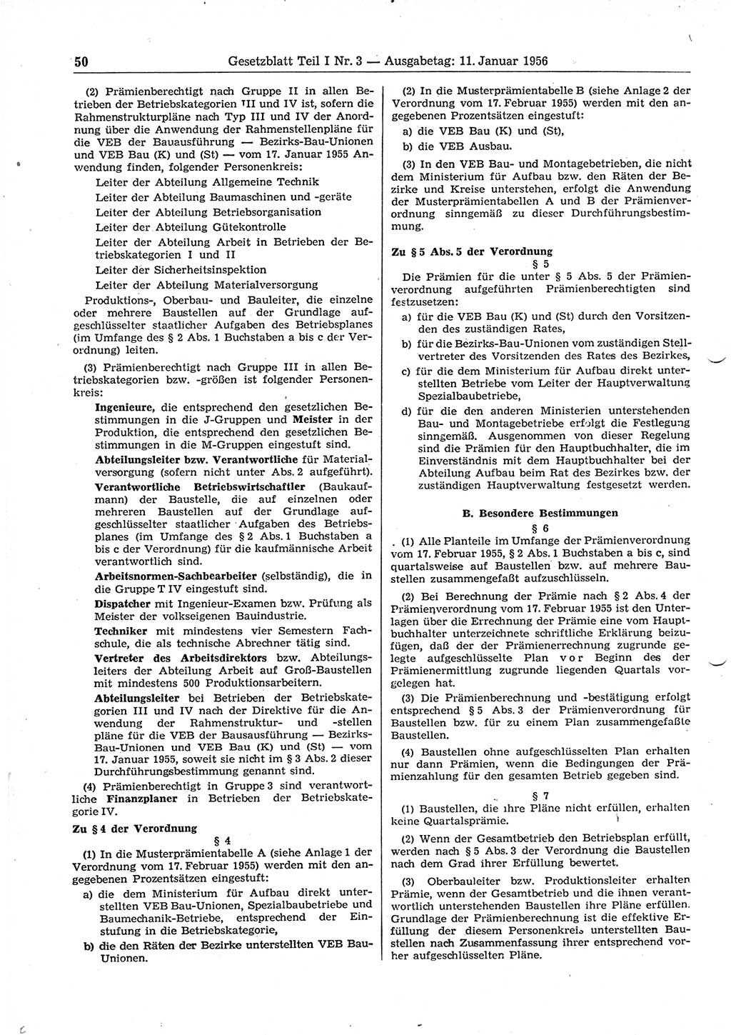 Gesetzblatt (GBl.) der Deutschen Demokratischen Republik (DDR) Teil Ⅰ 1956, Seite 50 (GBl. DDR Ⅰ 1956, S. 50)