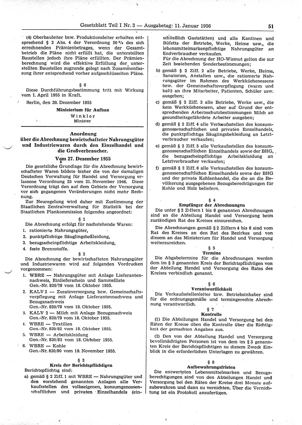 Gesetzblatt (GBl.) der Deutschen Demokratischen Republik (DDR) Teil Ⅰ 1956, Seite 51 (GBl. DDR Ⅰ 1956, S. 51)