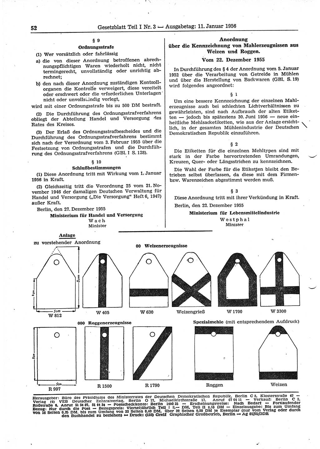 Gesetzblatt (GBl.) der Deutschen Demokratischen Republik (DDR) Teil Ⅰ 1956, Seite 52 (GBl. DDR Ⅰ 1956, S. 52)
