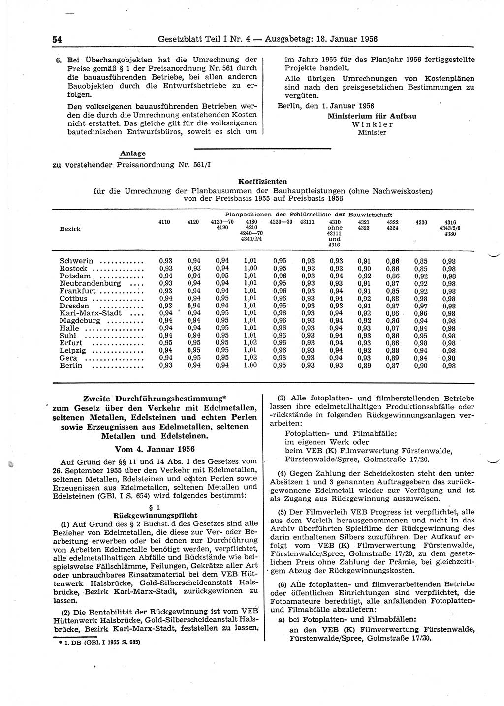 Gesetzblatt (GBl.) der Deutschen Demokratischen Republik (DDR) Teil Ⅰ 1956, Seite 54 (GBl. DDR Ⅰ 1956, S. 54)