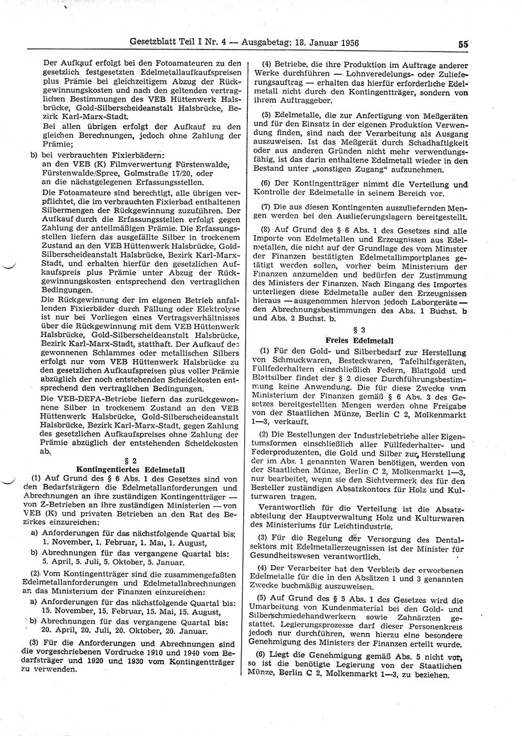 Gesetzblatt (GBl.) der Deutschen Demokratischen Republik (DDR) Teil Ⅰ 1956, Seite 55 (GBl. DDR Ⅰ 1956, S. 55)