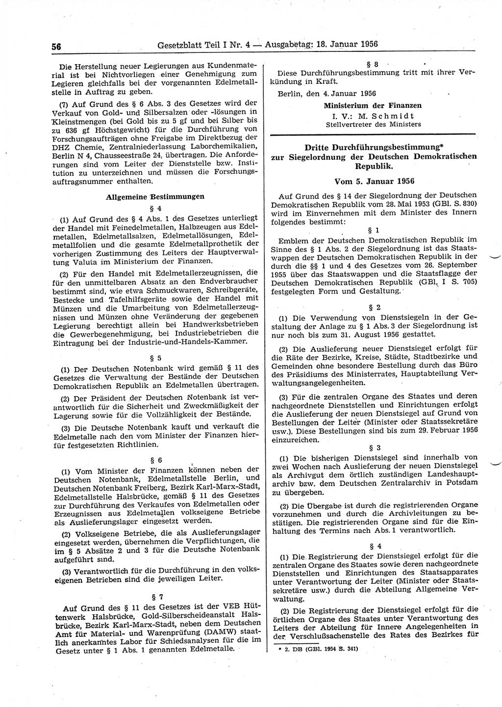 Gesetzblatt (GBl.) der Deutschen Demokratischen Republik (DDR) Teil Ⅰ 1956, Seite 56 (GBl. DDR Ⅰ 1956, S. 56)