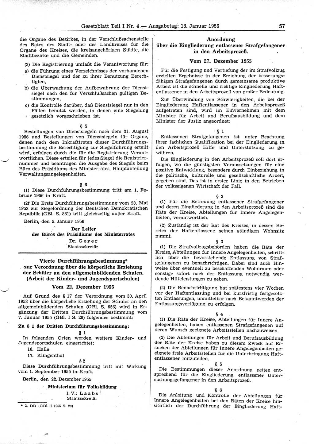 Gesetzblatt (GBl.) der Deutschen Demokratischen Republik (DDR) Teil Ⅰ 1956, Seite 57 (GBl. DDR Ⅰ 1956, S. 57)