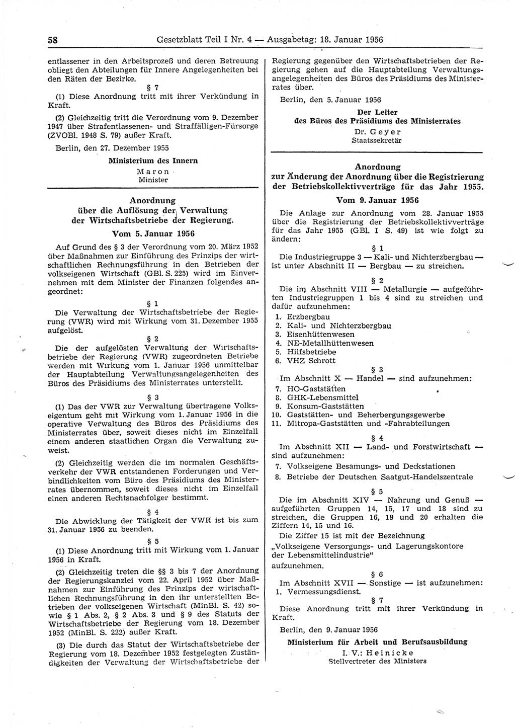 Gesetzblatt (GBl.) der Deutschen Demokratischen Republik (DDR) Teil Ⅰ 1956, Seite 58 (GBl. DDR Ⅰ 1956, S. 58)