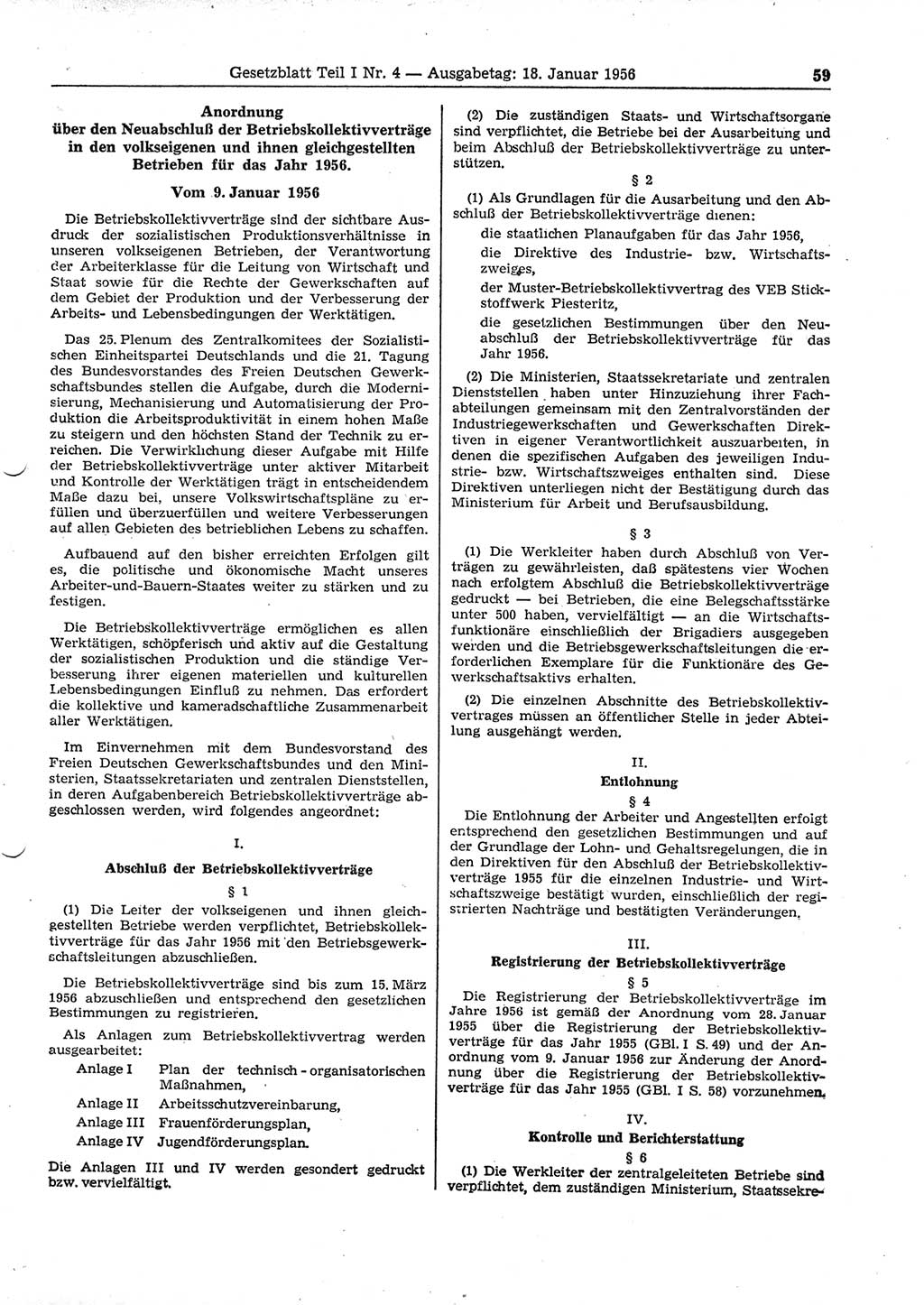 Gesetzblatt (GBl.) der Deutschen Demokratischen Republik (DDR) Teil Ⅰ 1956, Seite 59 (GBl. DDR Ⅰ 1956, S. 59)
