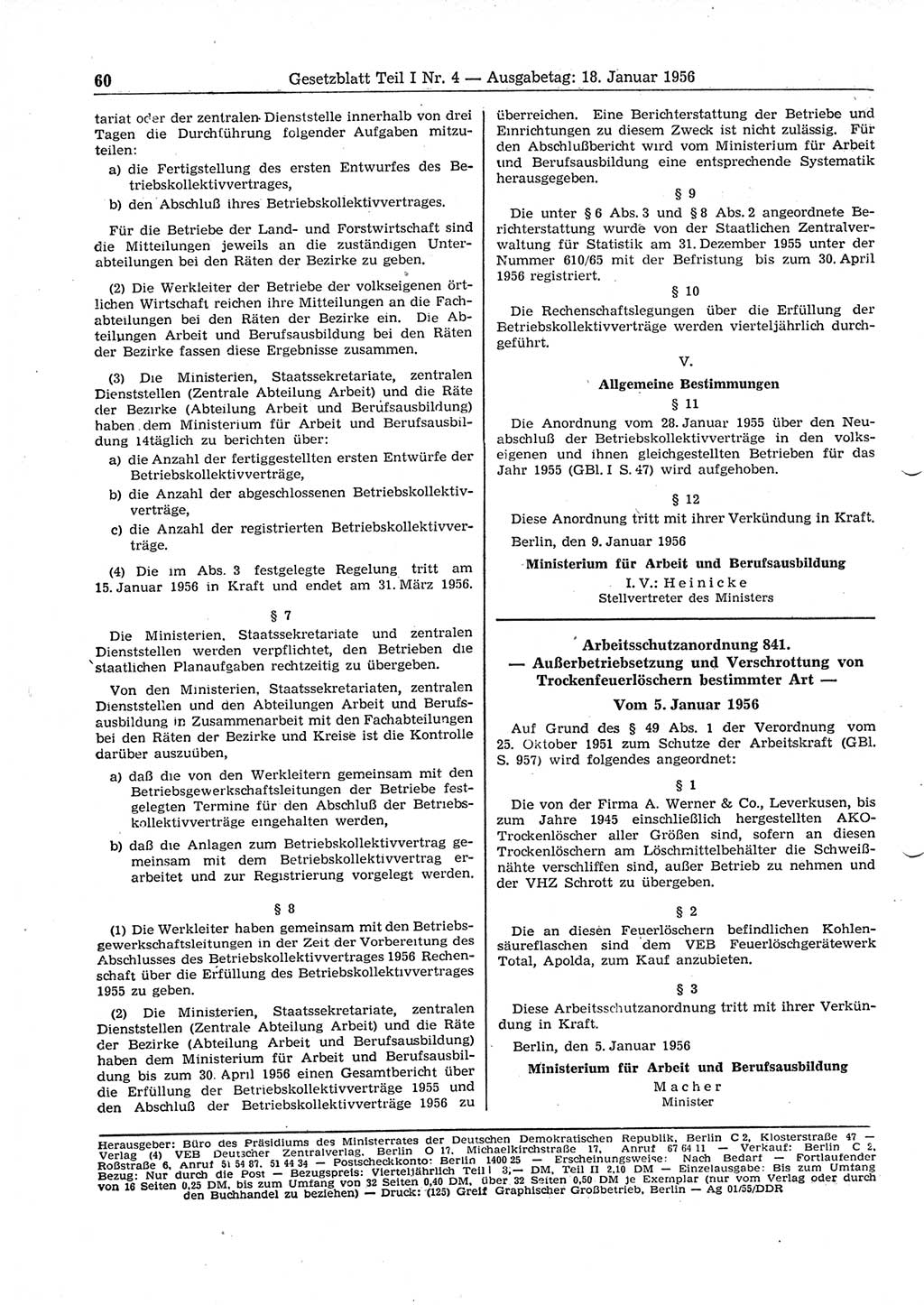 Gesetzblatt (GBl.) der Deutschen Demokratischen Republik (DDR) Teil Ⅰ 1956, Seite 60 (GBl. DDR Ⅰ 1956, S. 60)