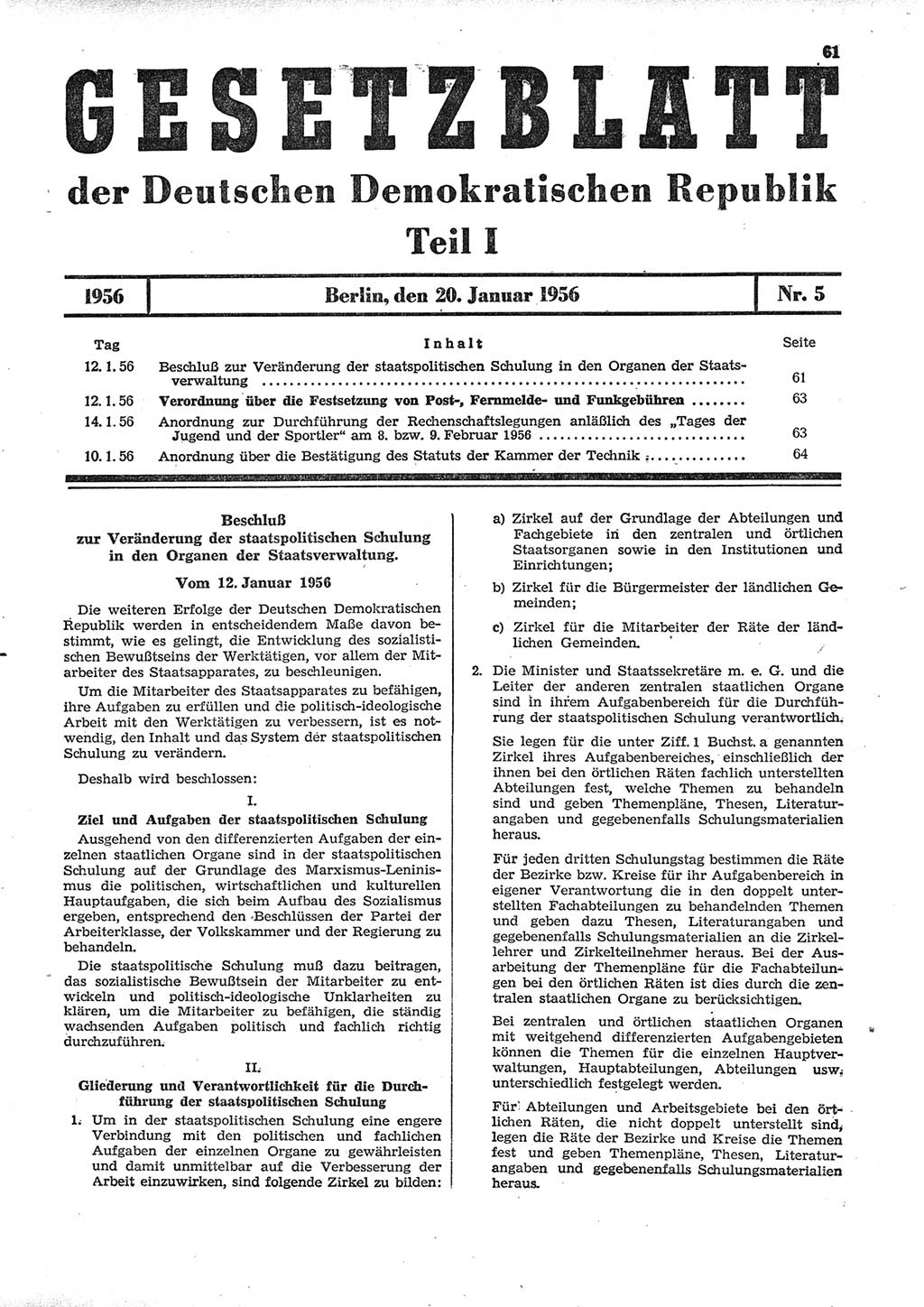Gesetzblatt (GBl.) der Deutschen Demokratischen Republik (DDR) Teil Ⅰ 1956, Seite 61 (GBl. DDR Ⅰ 1956, S. 61)