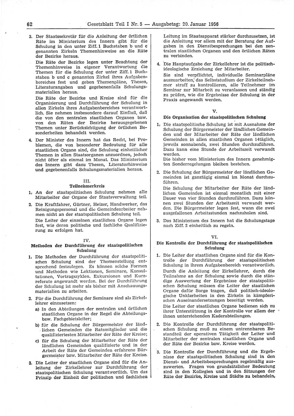 Gesetzblatt (GBl.) der Deutschen Demokratischen Republik (DDR) Teil Ⅰ 1956, Seite 62 (GBl. DDR Ⅰ 1956, S. 62)