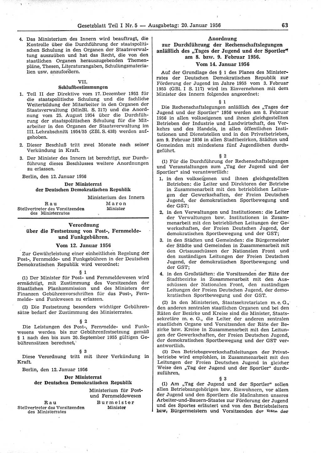 Gesetzblatt (GBl.) der Deutschen Demokratischen Republik (DDR) Teil Ⅰ 1956, Seite 63 (GBl. DDR Ⅰ 1956, S. 63)