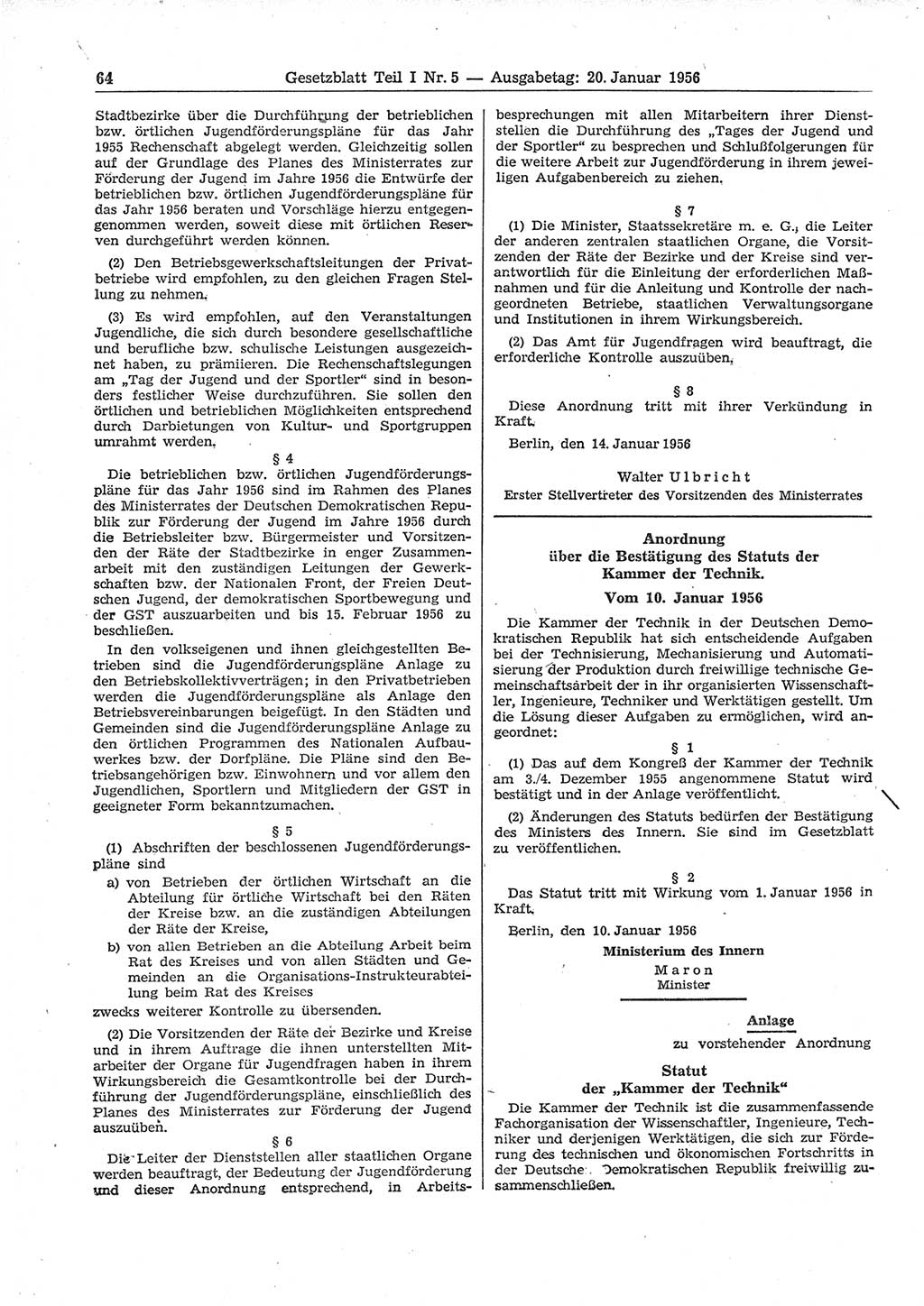 Gesetzblatt (GBl.) der Deutschen Demokratischen Republik (DDR) Teil Ⅰ 1956, Seite 64 (GBl. DDR Ⅰ 1956, S. 64)
