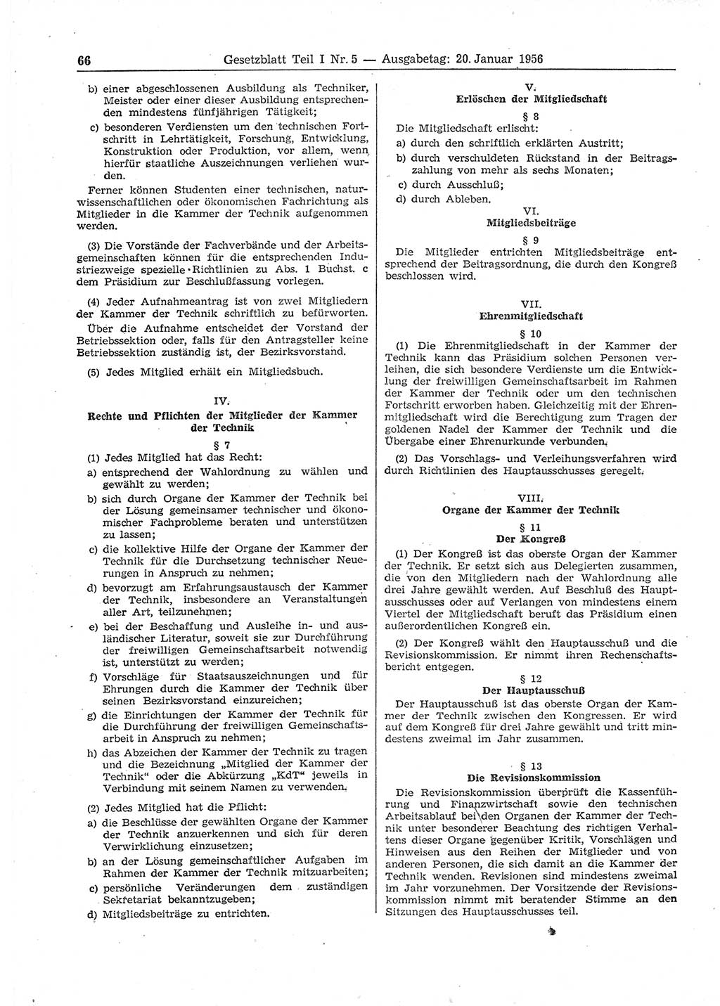 Gesetzblatt (GBl.) der Deutschen Demokratischen Republik (DDR) Teil Ⅰ 1956, Seite 66 (GBl. DDR Ⅰ 1956, S. 66)