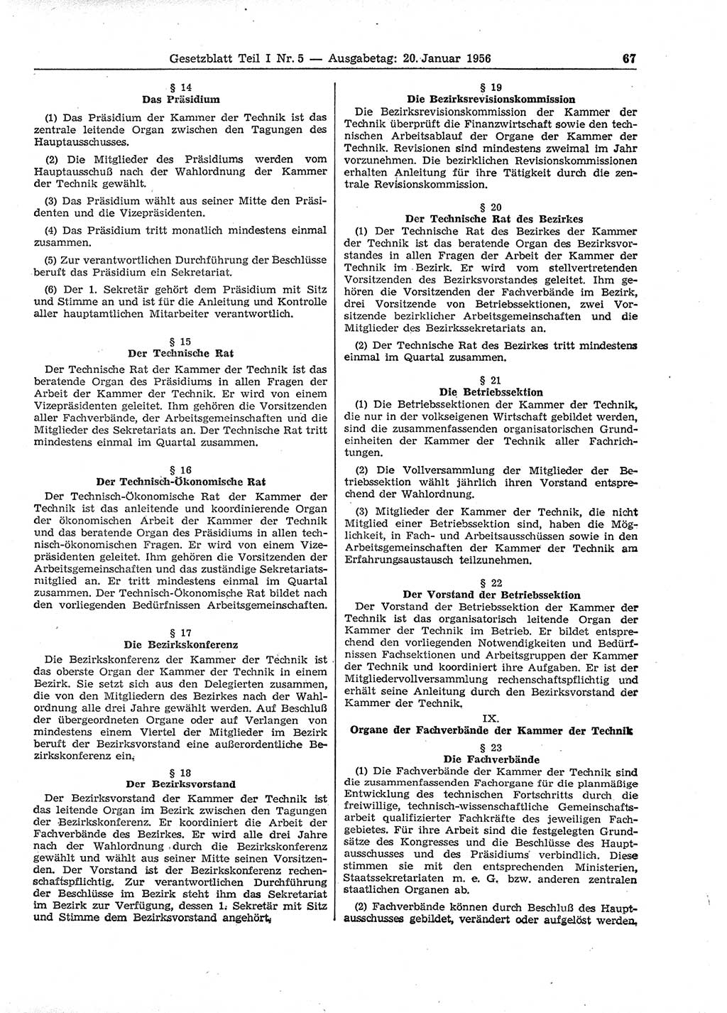 Gesetzblatt (GBl.) der Deutschen Demokratischen Republik (DDR) Teil Ⅰ 1956, Seite 67 (GBl. DDR Ⅰ 1956, S. 67)