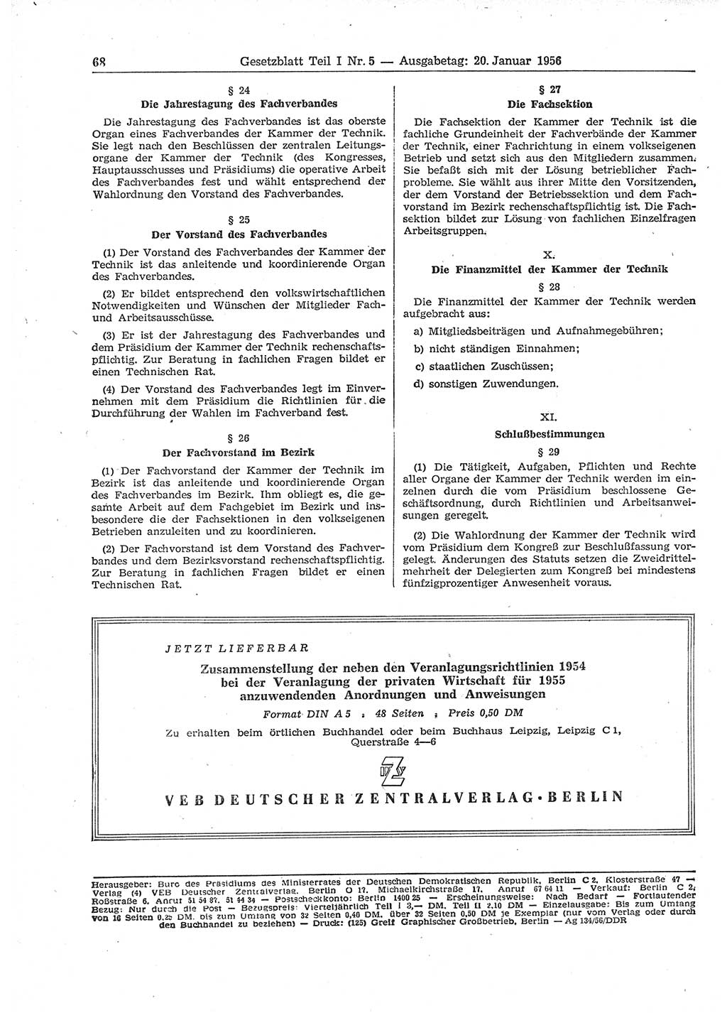 Gesetzblatt (GBl.) der Deutschen Demokratischen Republik (DDR) Teil Ⅰ 1956, Seite 68 (GBl. DDR Ⅰ 1956, S. 68)