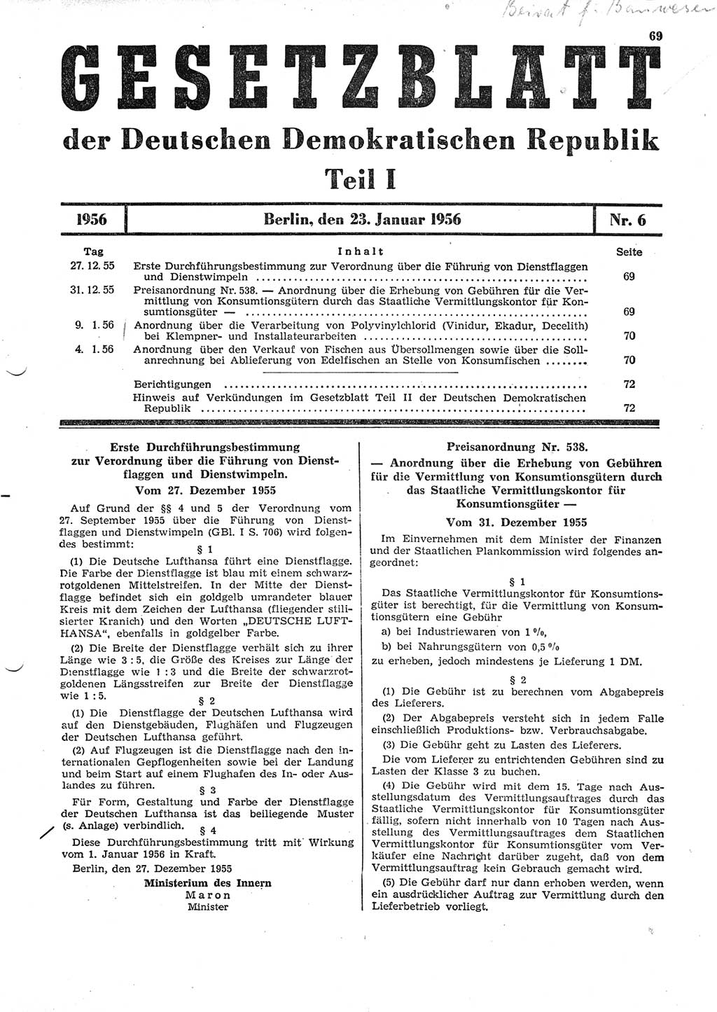 Gesetzblatt (GBl.) der Deutschen Demokratischen Republik (DDR) Teil Ⅰ 1956, Seite 69 (GBl. DDR Ⅰ 1956, S. 69)
