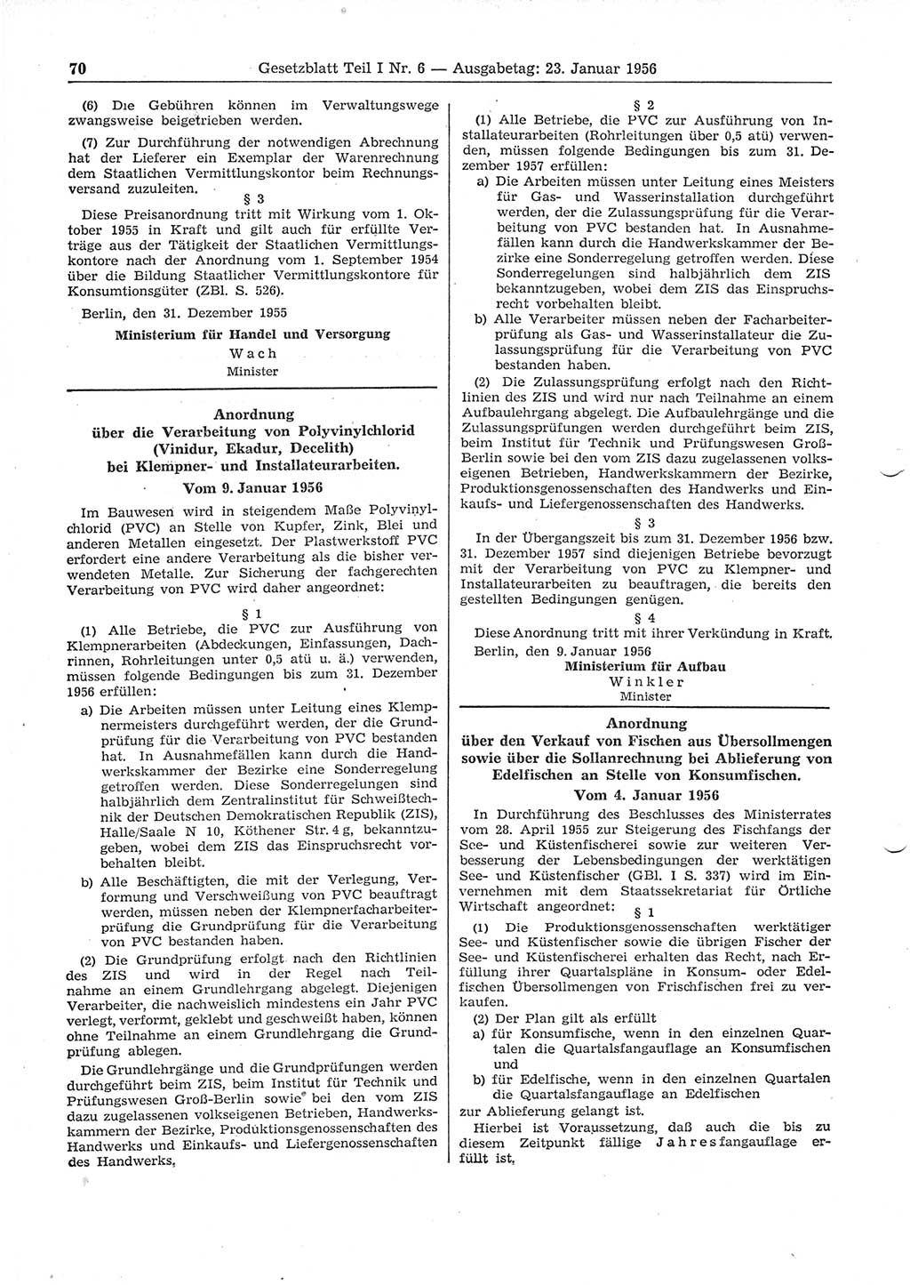 Gesetzblatt (GBl.) der Deutschen Demokratischen Republik (DDR) Teil Ⅰ 1956, Seite 70 (GBl. DDR Ⅰ 1956, S. 70)