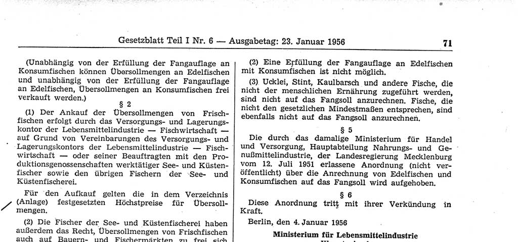 Gesetzblatt (GBl.) der Deutschen Demokratischen Republik (DDR) Teil Ⅰ 1956, Seite 71 (GBl. DDR Ⅰ 1956, S. 71)