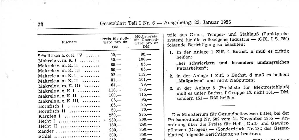 Gesetzblatt (GBl.) der Deutschen Demokratischen Republik (DDR) Teil Ⅰ 1956, Seite 72 (GBl. DDR Ⅰ 1956, S. 72)