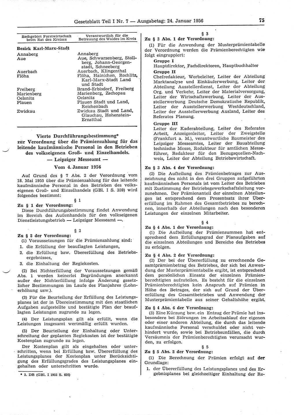 Gesetzblatt (GBl.) der Deutschen Demokratischen Republik (DDR) Teil Ⅰ 1956, Seite 75 (GBl. DDR Ⅰ 1956, S. 75)