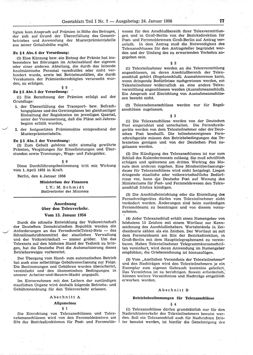 Gesetzblatt (GBl.) der Deutschen Demokratischen Republik (DDR) Teil Ⅰ 1956, Seite 77 (GBl. DDR Ⅰ 1956, S. 77)