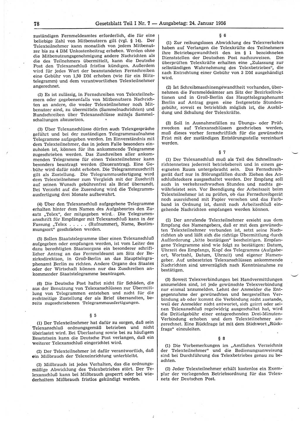 Gesetzblatt (GBl.) der Deutschen Demokratischen Republik (DDR) Teil Ⅰ 1956, Seite 78 (GBl. DDR Ⅰ 1956, S. 78)