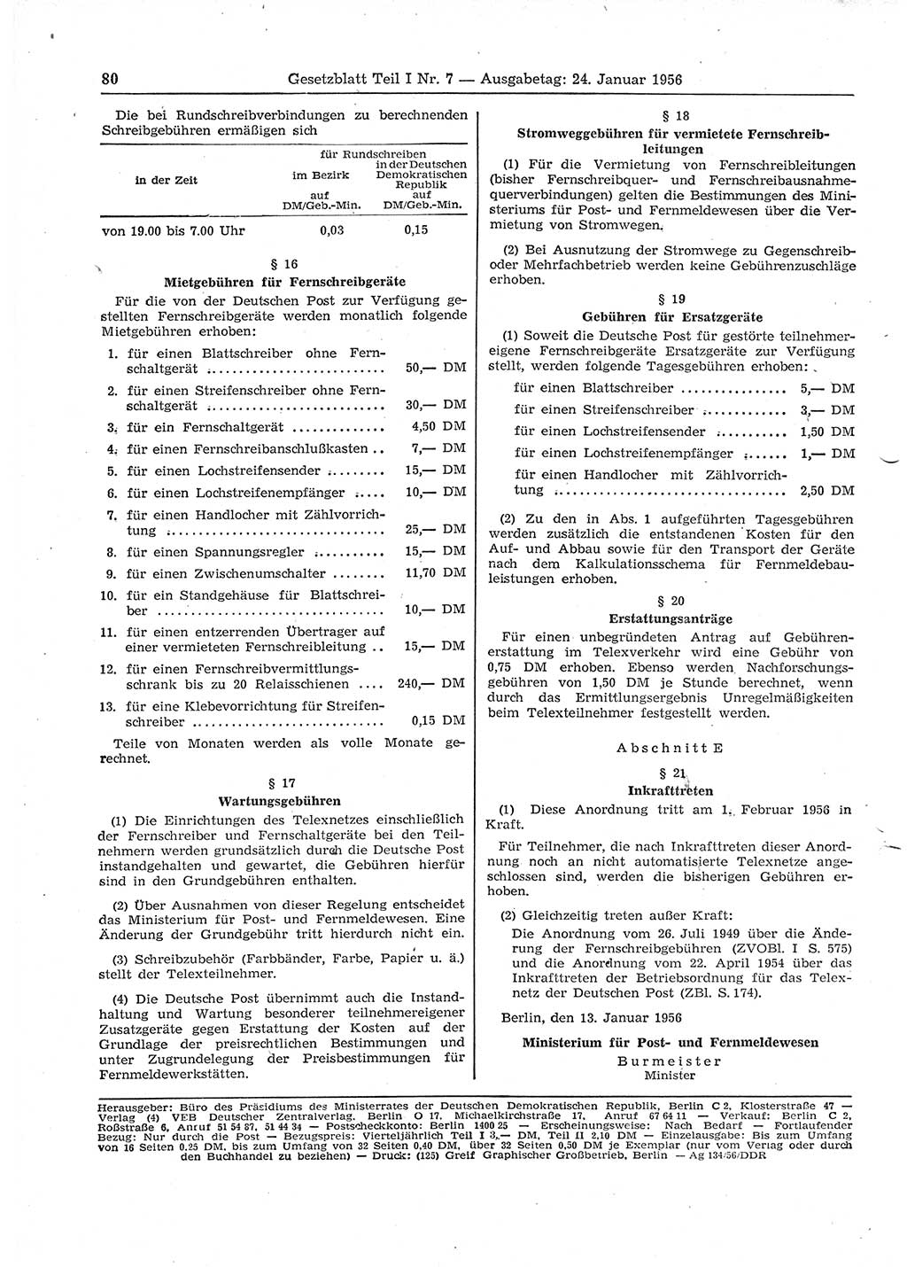Gesetzblatt (GBl.) der Deutschen Demokratischen Republik (DDR) Teil Ⅰ 1956, Seite 80 (GBl. DDR Ⅰ 1956, S. 80)