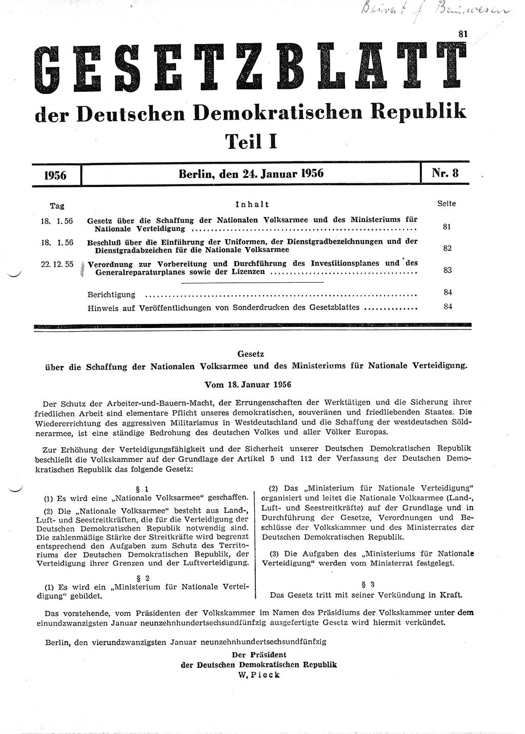 Gesetzblatt (GBl.) der Deutschen Demokratischen Republik (DDR) Teil Ⅰ 1956, Seite 81 (GBl. DDR Ⅰ 1956, S. 81)