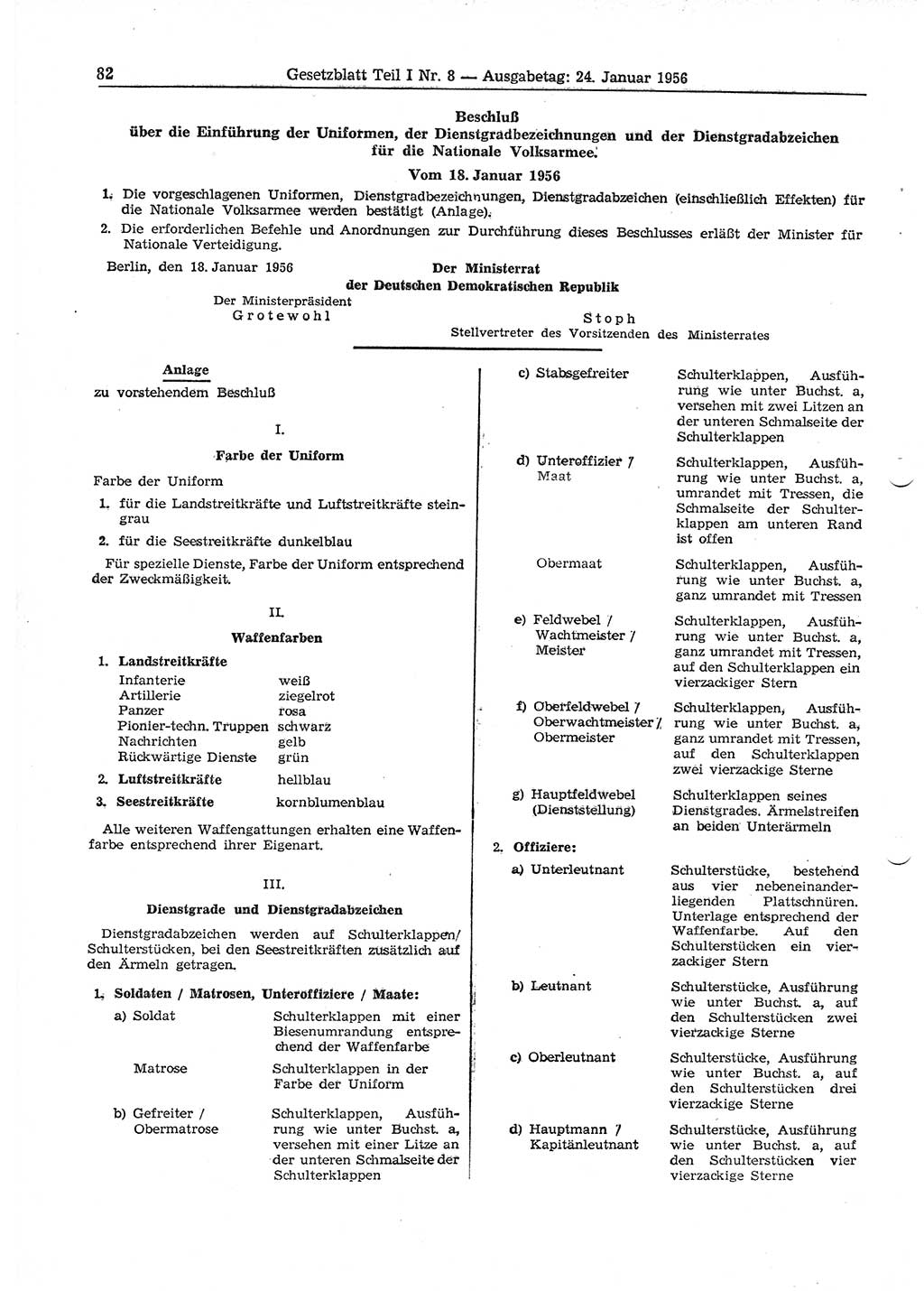 Gesetzblatt (GBl.) der Deutschen Demokratischen Republik (DDR) Teil Ⅰ 1956, Seite 82 (GBl. DDR Ⅰ 1956, S. 82)