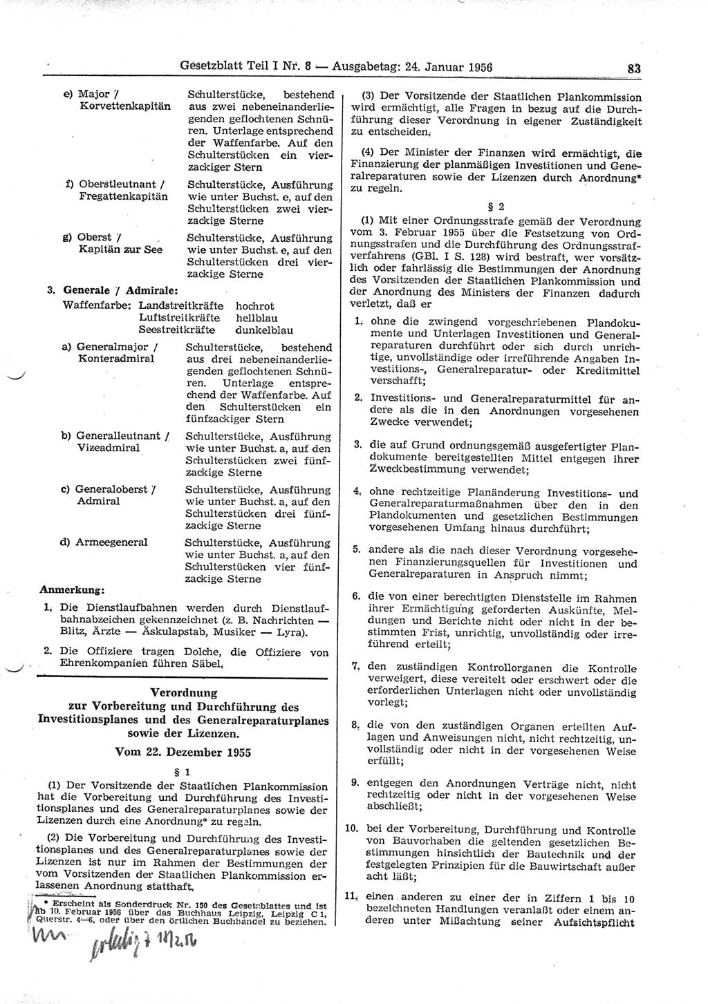 Gesetzblatt (GBl.) der Deutschen Demokratischen Republik (DDR) Teil Ⅰ 1956, Seite 83 (GBl. DDR Ⅰ 1956, S. 83)