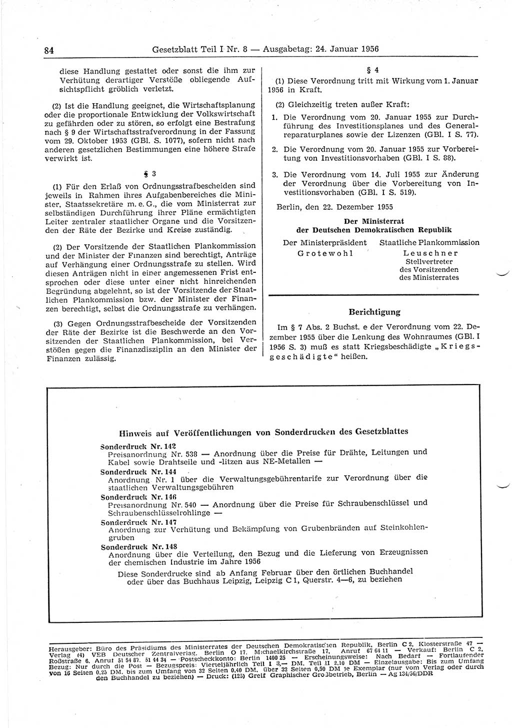 Gesetzblatt (GBl.) der Deutschen Demokratischen Republik (DDR) Teil Ⅰ 1956, Seite 84 (GBl. DDR Ⅰ 1956, S. 84)