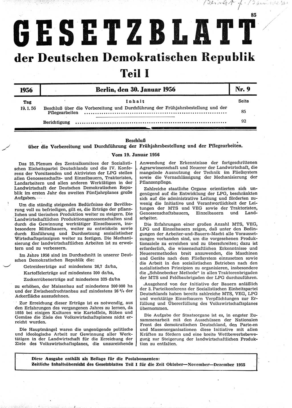 Gesetzblatt (GBl.) der Deutschen Demokratischen Republik (DDR) Teil Ⅰ 1956, Seite 85 (GBl. DDR Ⅰ 1956, S. 85)