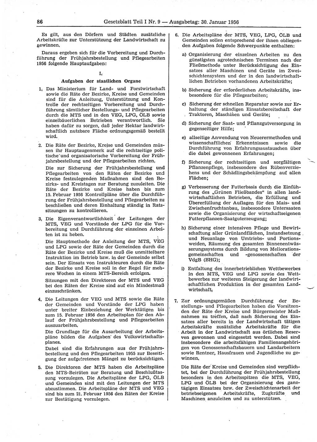 Gesetzblatt (GBl.) der Deutschen Demokratischen Republik (DDR) Teil Ⅰ 1956, Seite 86 (GBl. DDR Ⅰ 1956, S. 86)
