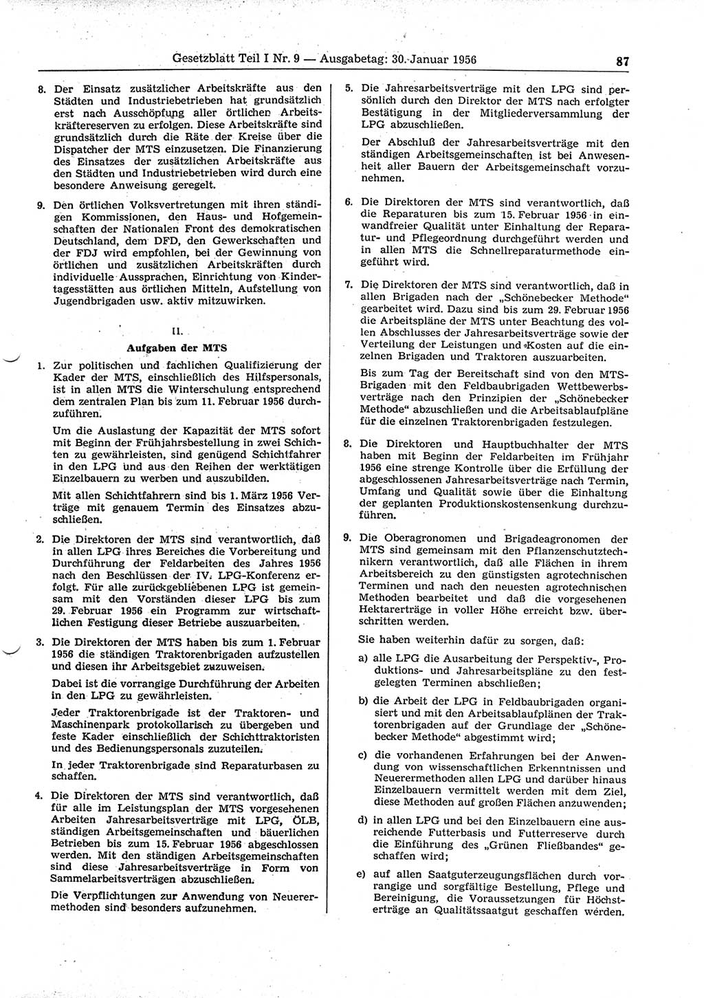 Gesetzblatt (GBl.) der Deutschen Demokratischen Republik (DDR) Teil Ⅰ 1956, Seite 87 (GBl. DDR Ⅰ 1956, S. 87)