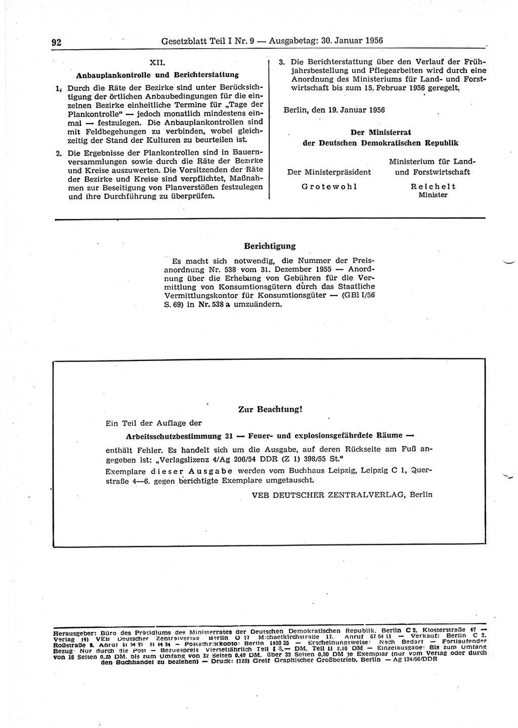 Gesetzblatt (GBl.) der Deutschen Demokratischen Republik (DDR) Teil Ⅰ 1956, Seite 92 (GBl. DDR Ⅰ 1956, S. 92)