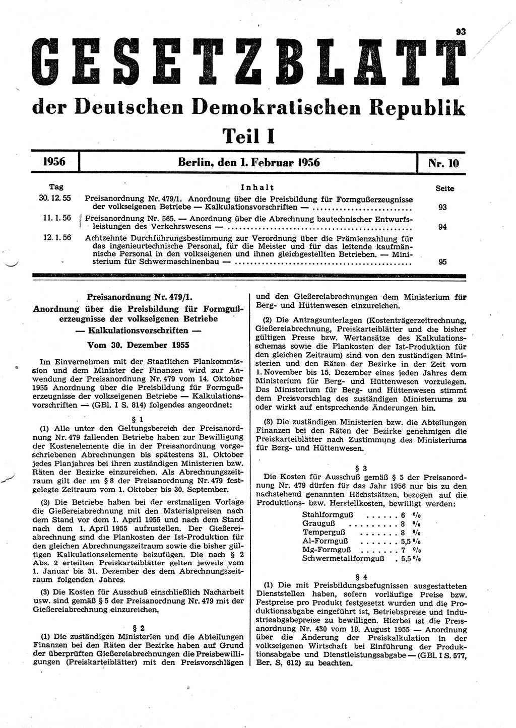 Gesetzblatt (GBl.) der Deutschen Demokratischen Republik (DDR) Teil Ⅰ 1956, Seite 93 (GBl. DDR Ⅰ 1956, S. 93)