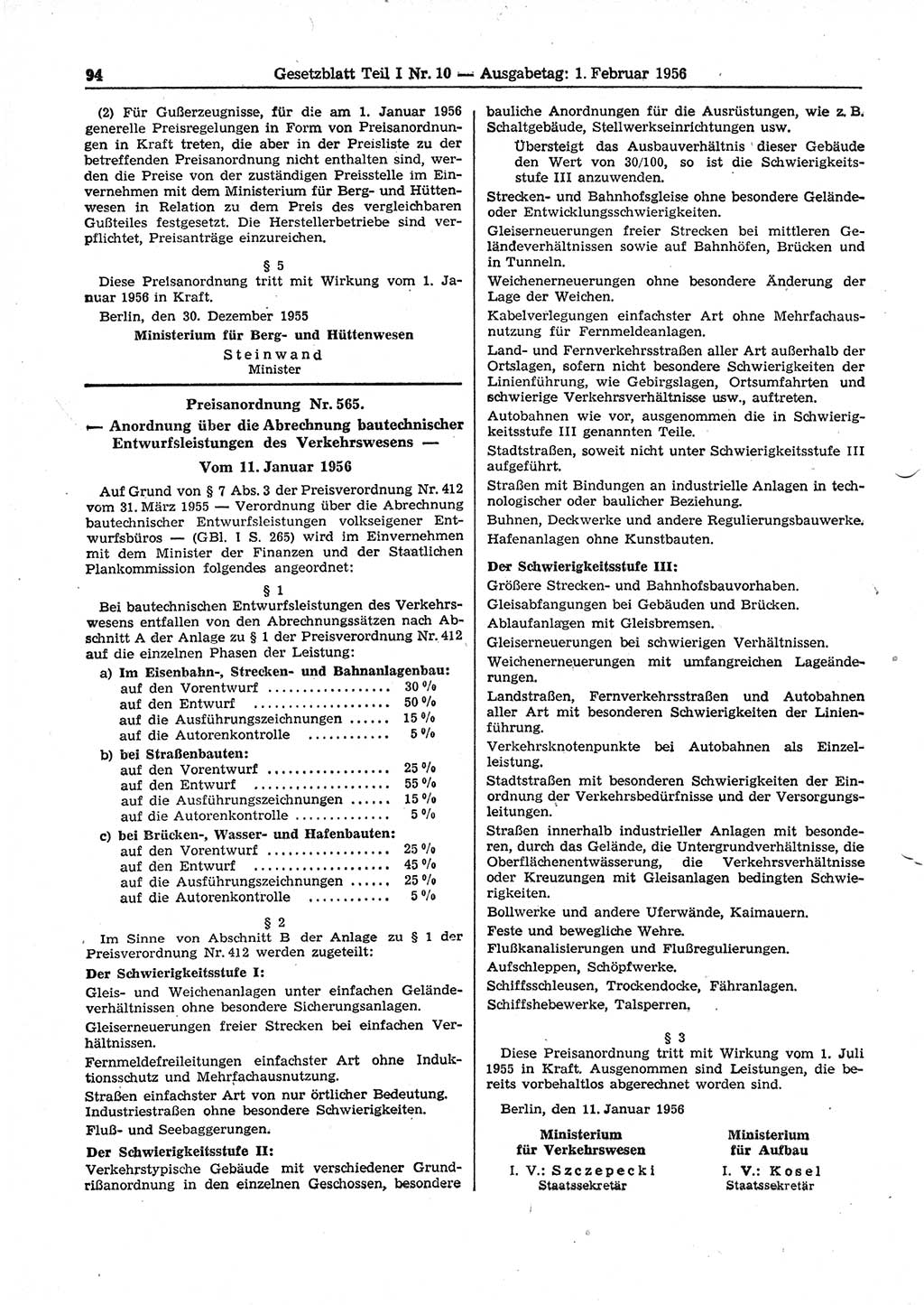 Gesetzblatt (GBl.) der Deutschen Demokratischen Republik (DDR) Teil Ⅰ 1956, Seite 94 (GBl. DDR Ⅰ 1956, S. 94)