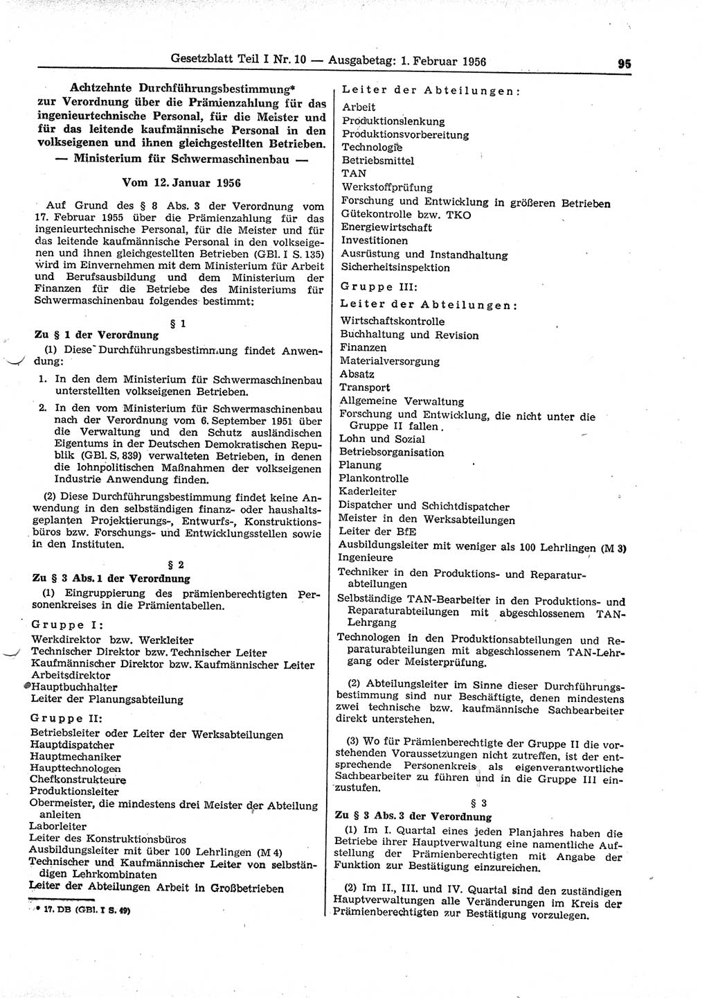 Gesetzblatt (GBl.) der Deutschen Demokratischen Republik (DDR) Teil Ⅰ 1956, Seite 95 (GBl. DDR Ⅰ 1956, S. 95)