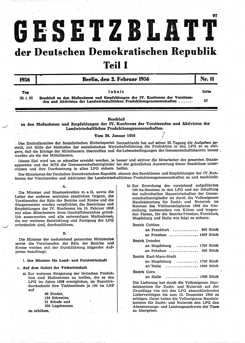 Gesetzblatt (GBl.) der Deutschen Demokratischen Republik (DDR) Teil Ⅰ 1956, Seite 97 (GBl. DDR Ⅰ 1956, S. 97)