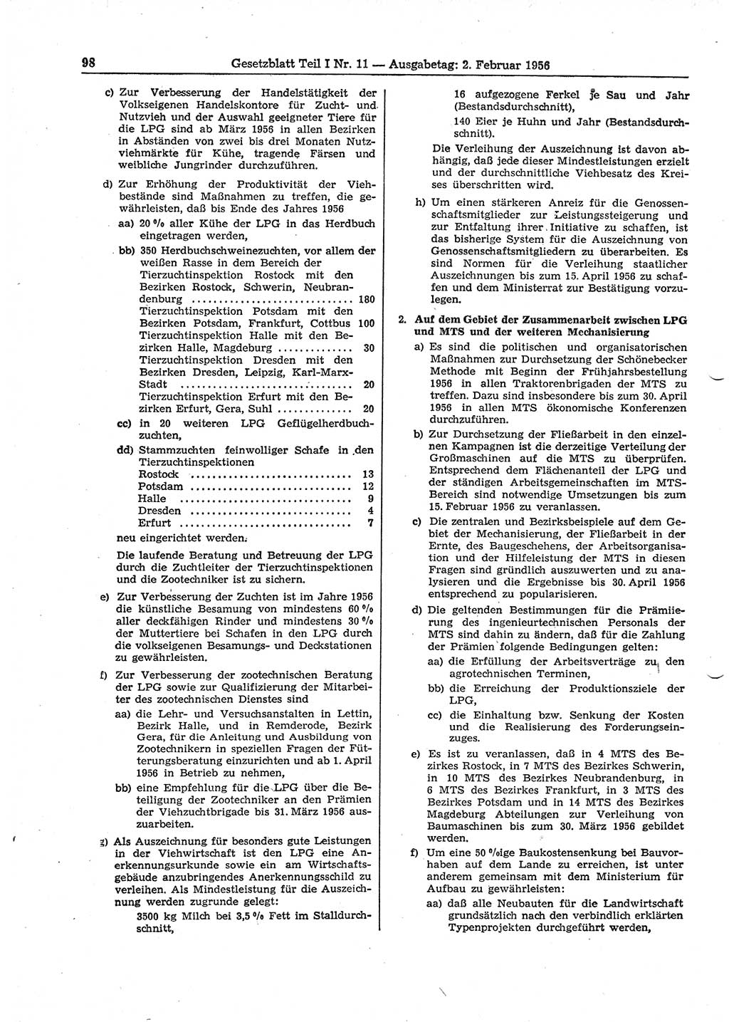 Gesetzblatt (GBl.) der Deutschen Demokratischen Republik (DDR) Teil Ⅰ 1956, Seite 98 (GBl. DDR Ⅰ 1956, S. 98)