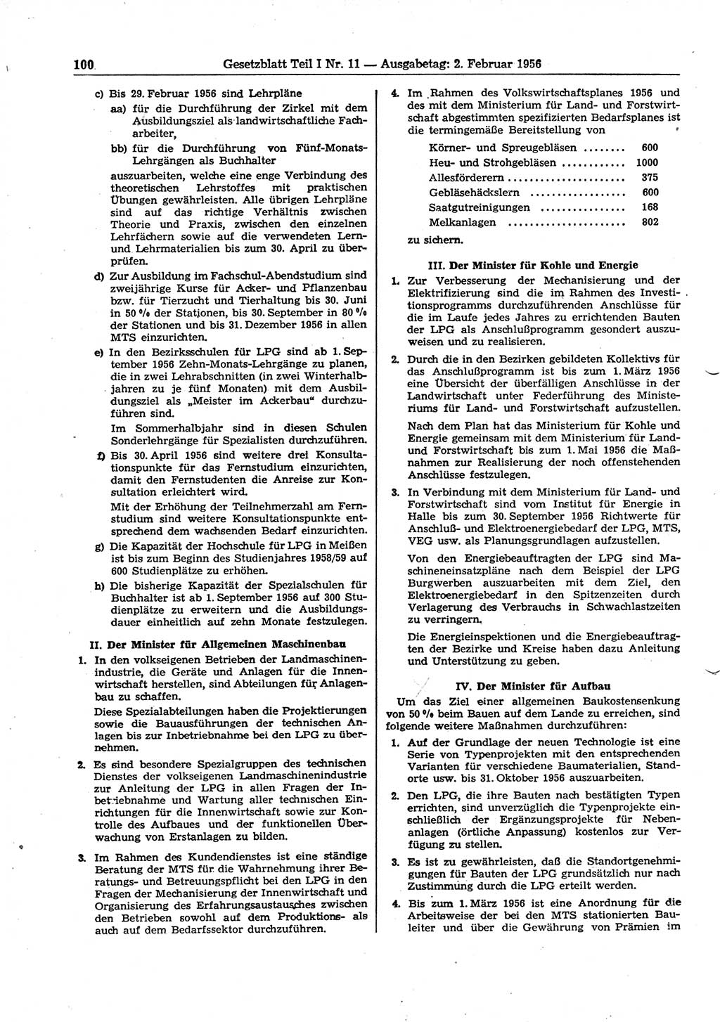 Gesetzblatt (GBl.) der Deutschen Demokratischen Republik (DDR) Teil Ⅰ 1956, Seite 100 (GBl. DDR Ⅰ 1956, S. 100)