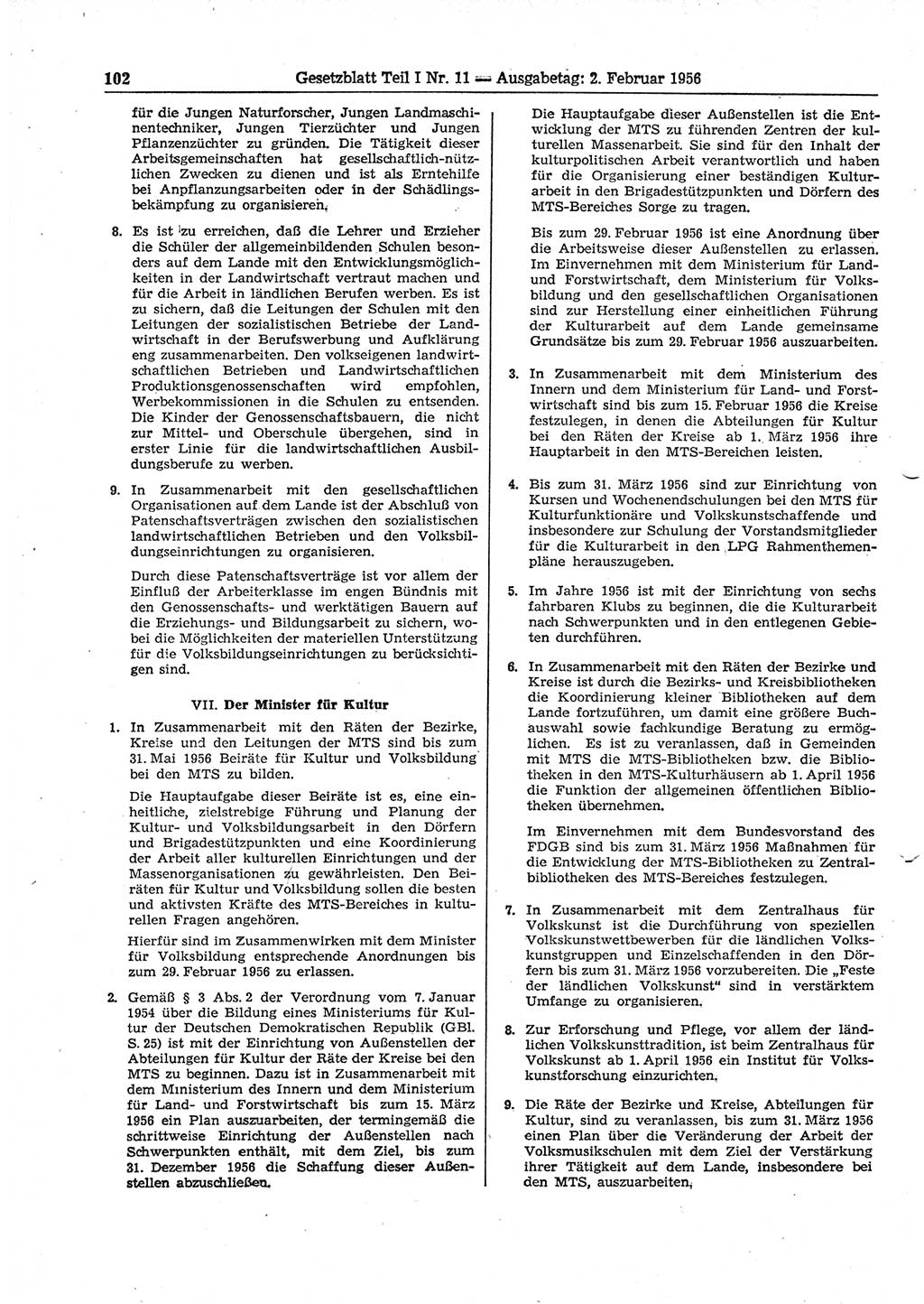 Gesetzblatt (GBl.) der Deutschen Demokratischen Republik (DDR) Teil Ⅰ 1956, Seite 102 (GBl. DDR Ⅰ 1956, S. 102)